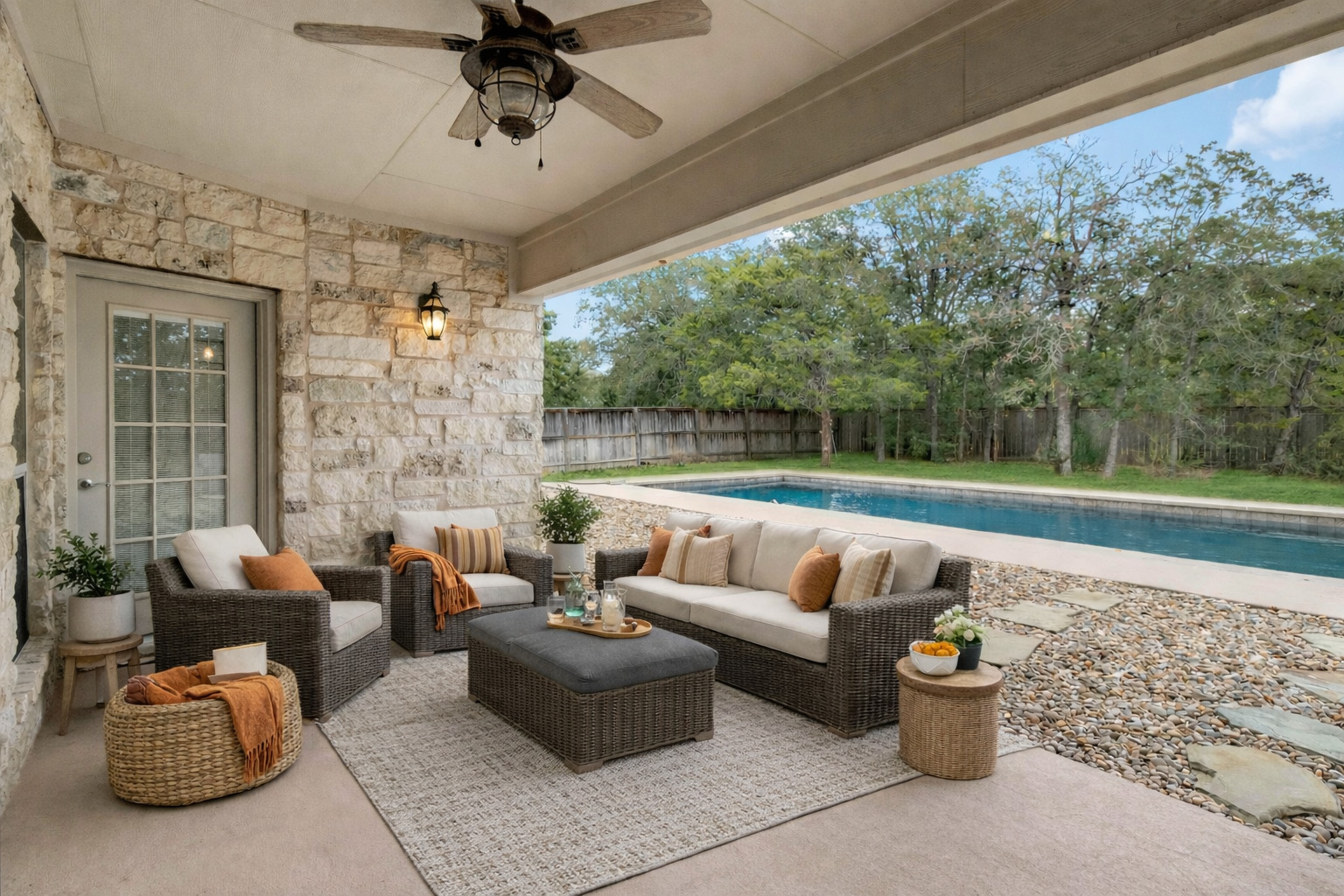 167 Winchester Road Bastrop, TX 78602 - Photo 3 of 34 Fenced backyard featuring an outdoor hangout area, a patio area, and ceiling fan