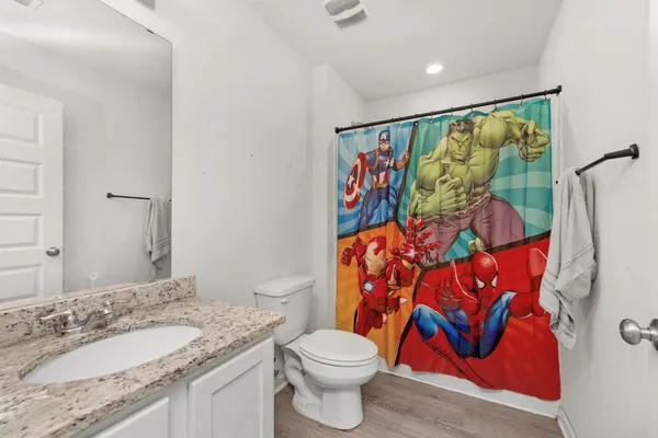 a bathroom with a sink toilet and shower curtain