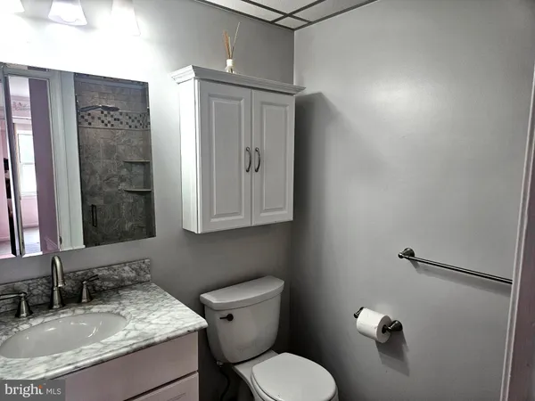 a bathroom with a granite countertop sink toilet and shower