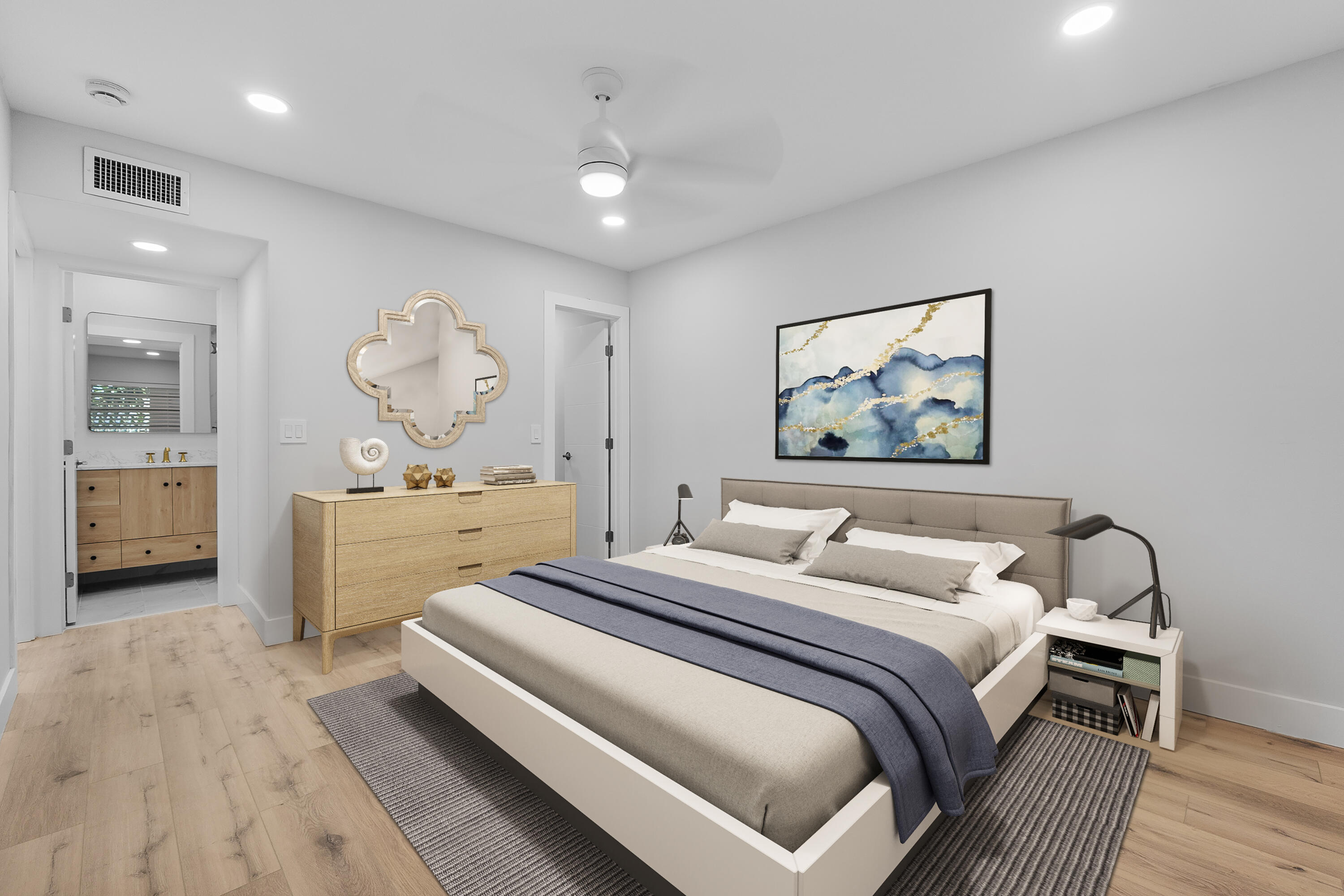 314 Monaco Boulevard, Unit G Delray Beach, FL 33446 - Photo 9 of 26 a bedroom with a bed and a chandelier