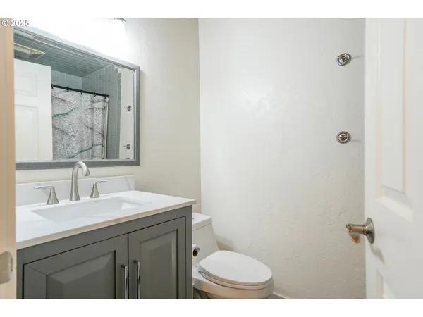 a bathroom with a sink a toilet and mirror