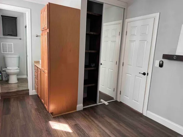 a view of a bathroom with wooden floor and closet