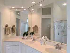 a bathroom with a sink double vanity and a mirror