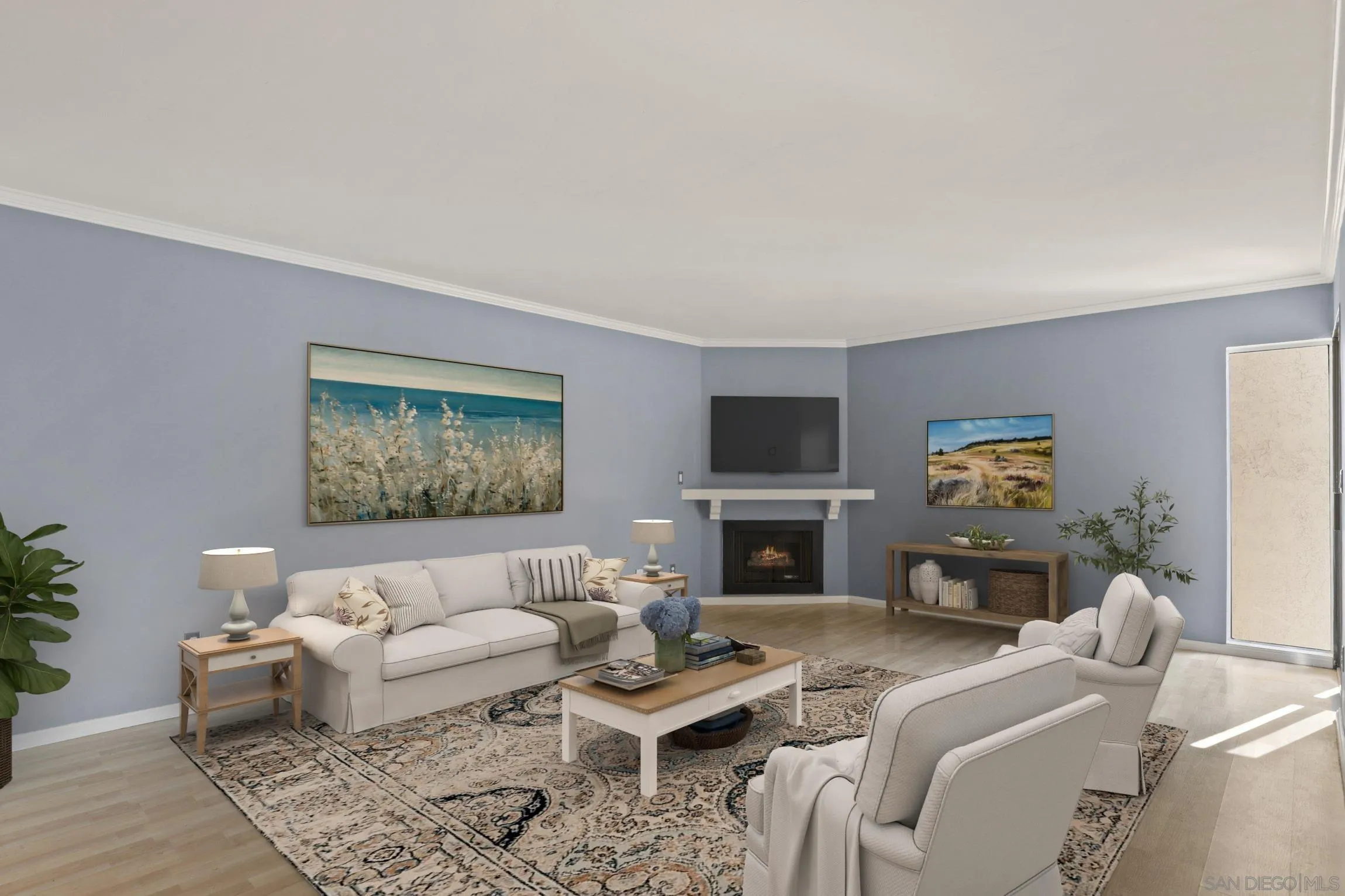 6757 Friars Road, Unit 13 San Diego, CA 92108 - Photo 2 of 15 a living room with furniture a flat screen tv and a fireplace