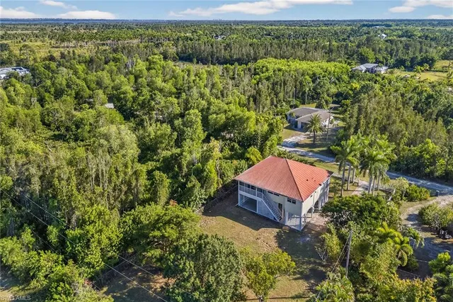 an aerial view of residential houses with city and green space