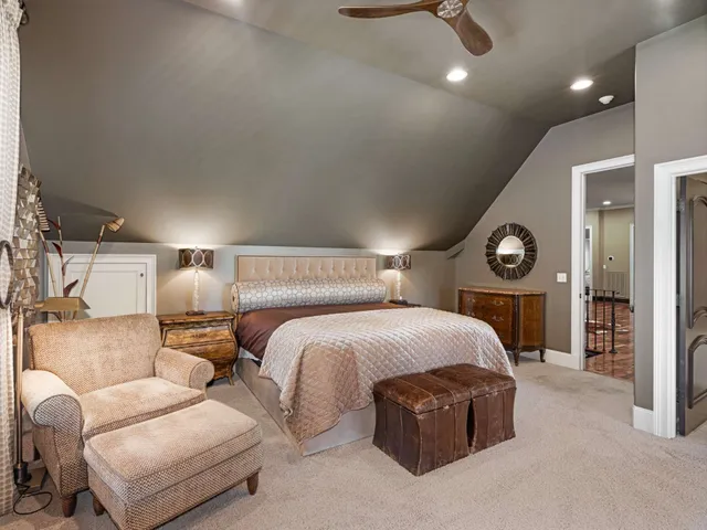 a view of a big yard with plants and large trees