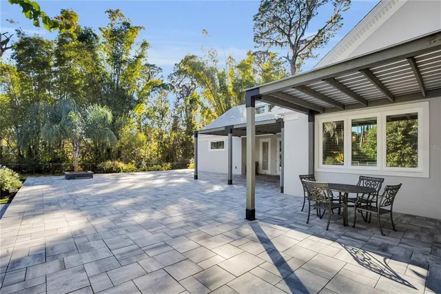 a view of a swimming pool with a garden and trees