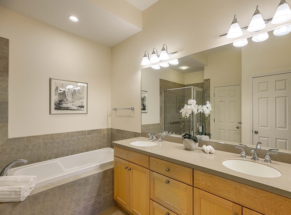 173 Nobscot Road, Unit 173 Sudbury, MA 01776 - Photo 18 of 37 a bathroom with a tub a double vanity sink and a mirror