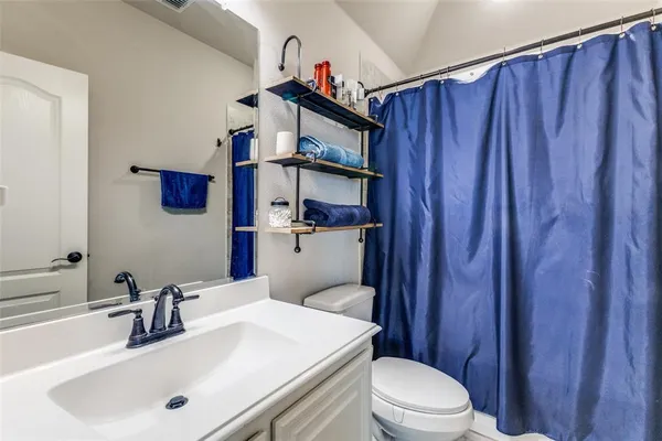 a bathroom with a sink a toilet and shower curtain
