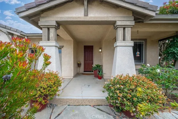 a front view of a house with plants
