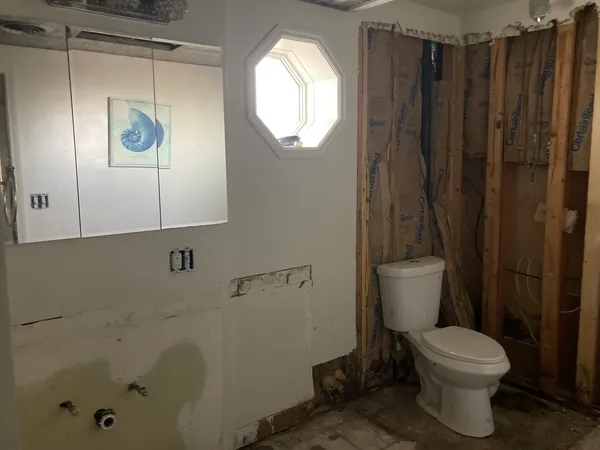 a bathroom with a toilet and a shower