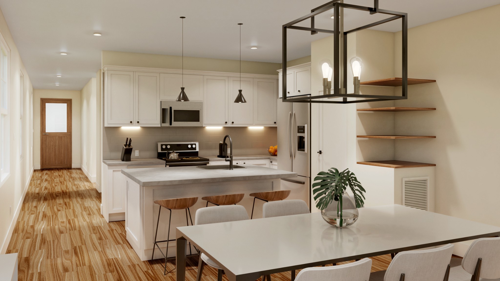 a kitchen with a table chairs and white cabinets