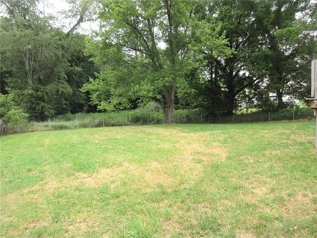 a view of a field with a trees in the background