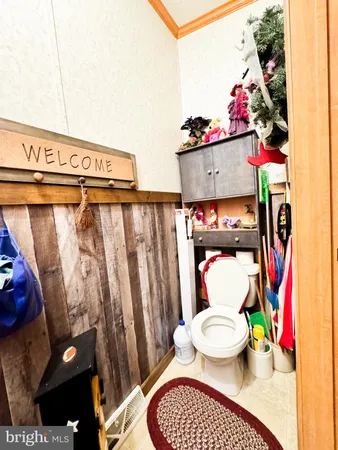a bathroom with a toilet and a shower curtain