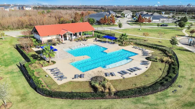 an aerial view of a swimming pool