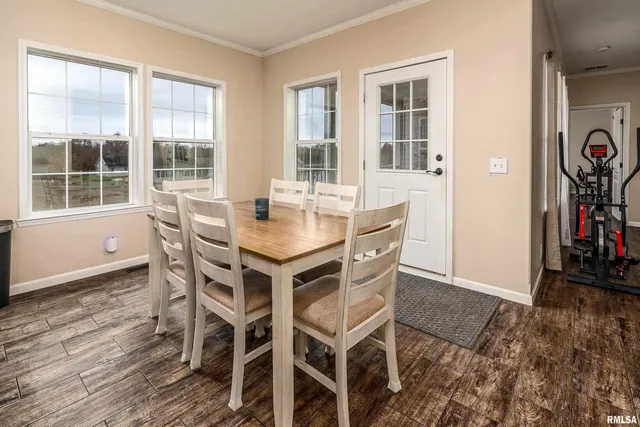 a dining room with furniture floor to ceiling windows and potted plants