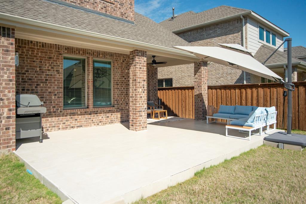 3813 Oldham Road Little Elm, TX 75068 - Photo 24 of 27 View of patio / terrace with outdoor furniture, grilling area, and a ceiling fan
