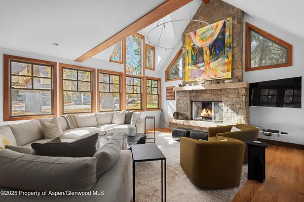 a living room with furniture window and a fireplace