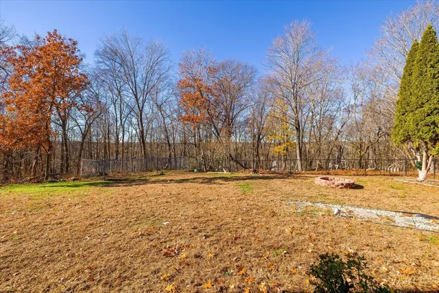 a view of a yard with trees and houses
