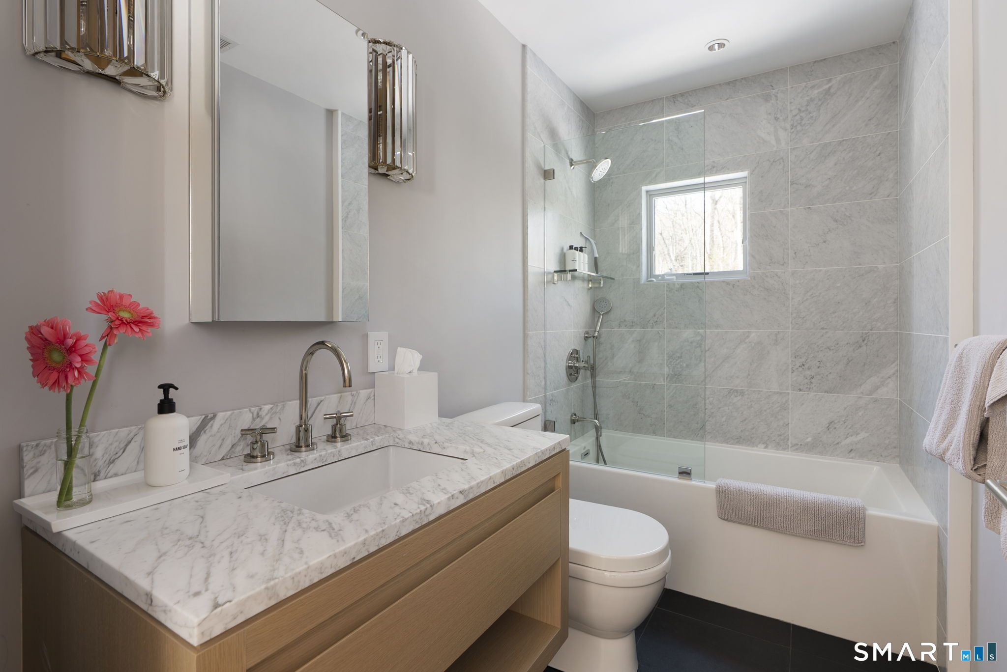 60 Selleck Hill Road Salisbury, CT 06068 - Photo 19 of 32 a bathroom with a granite countertop sink a toilet and shower