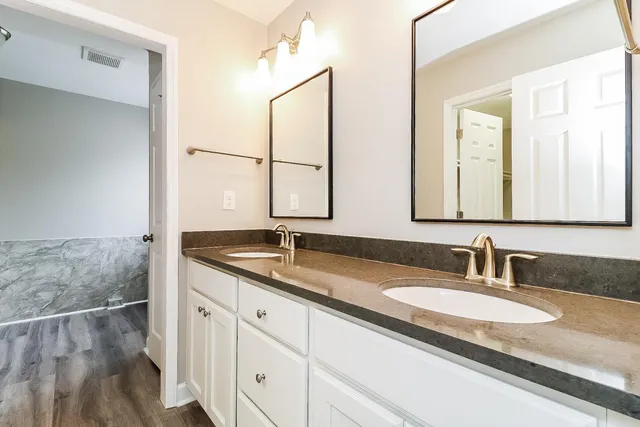 a bathroom with a granite countertop sink and a mirror