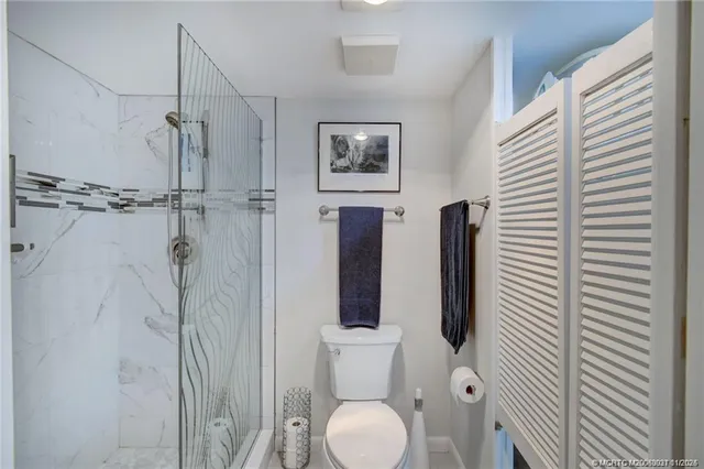 a bathroom with a toilet and a shower