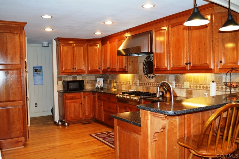 17216 Hamilton Arms Road Dewitt, VA 23840 - Photo 10 of 24 a kitchen with stainless steel appliances granite countertop a refrigerator a sink and blue cabinets