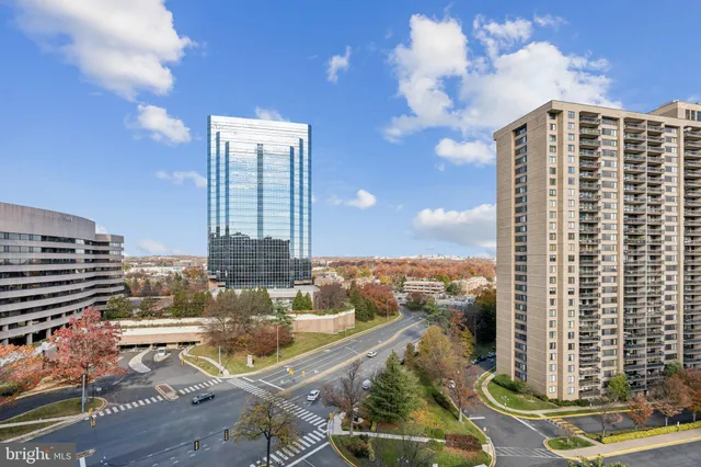 a city view with tall buildings