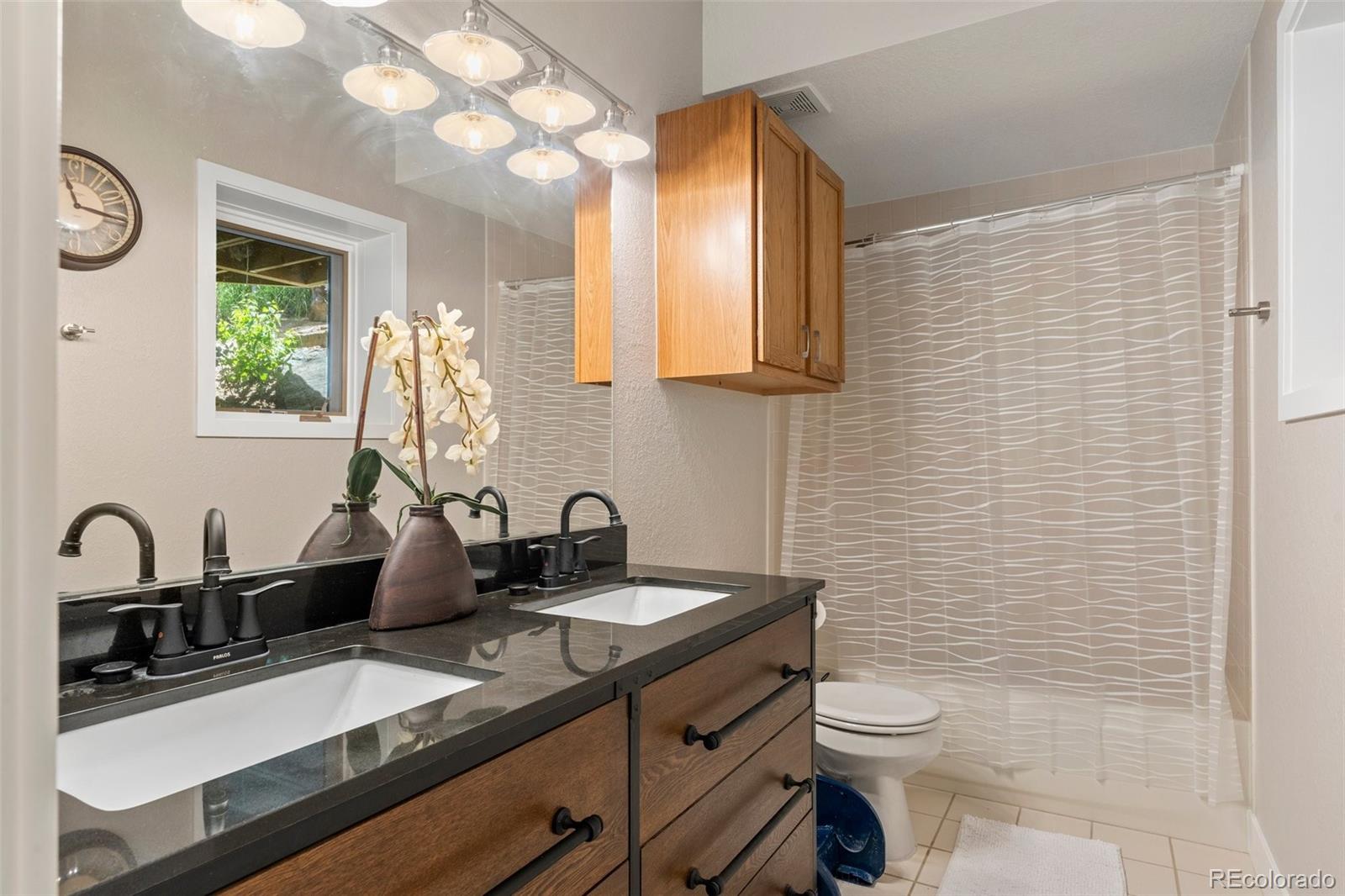 1682 Sinton Road Evergreen, CO 80439 - Photo 29 of 40 a bathroom with a double vanity sink toilet and a mirror