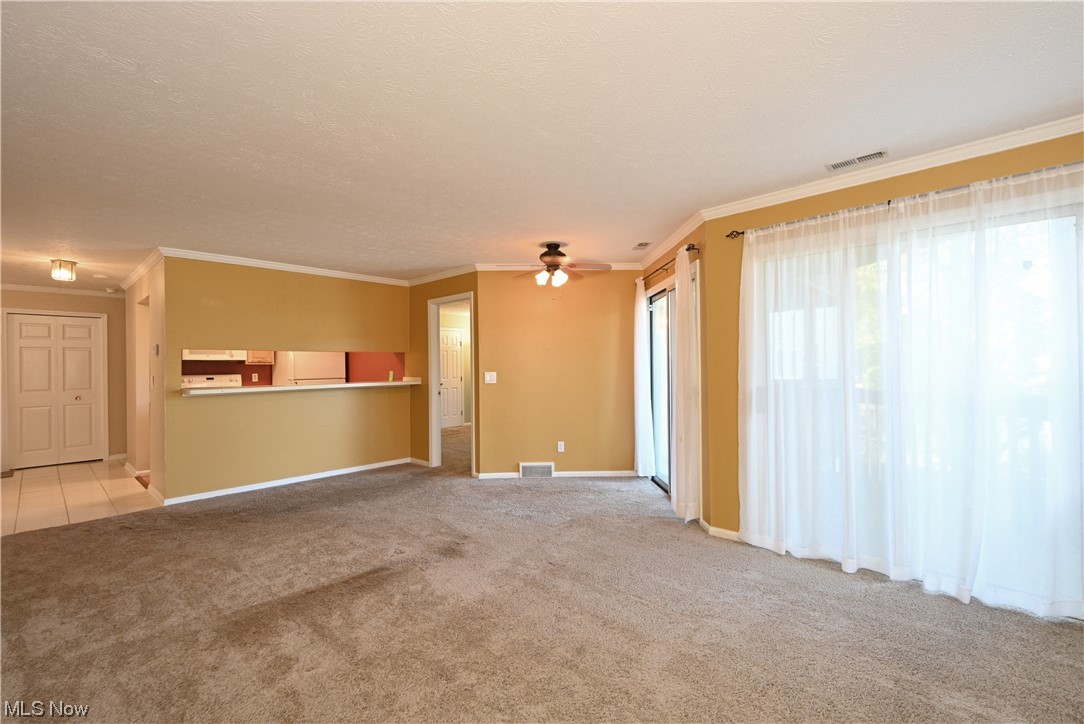 28140 Detroit Road, Unit A1 Westlake, OH 44145 - Photo 5 of 30 Unfurnished living room featuring light carpet, crown molding, ceiling fan, and a textured ceiling