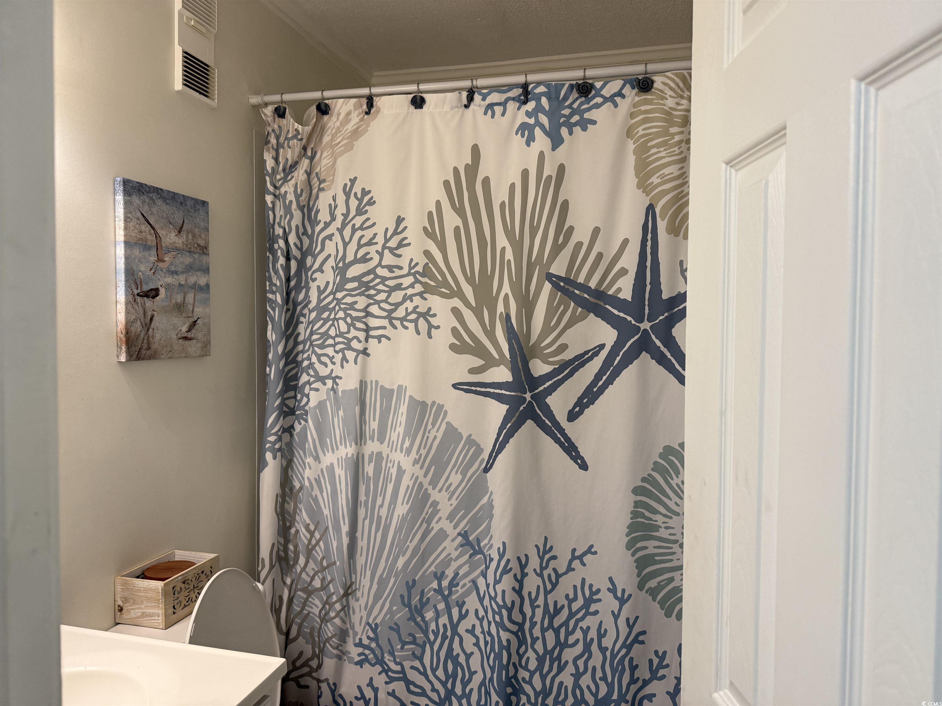 4350 Intercoastal Drive, Unit INTERCOASTAL VILLAGE UNI Little River, SC 29566 - Photo 17 of 21 Bathroom with vanity, curtained shower, and ornamental molding
