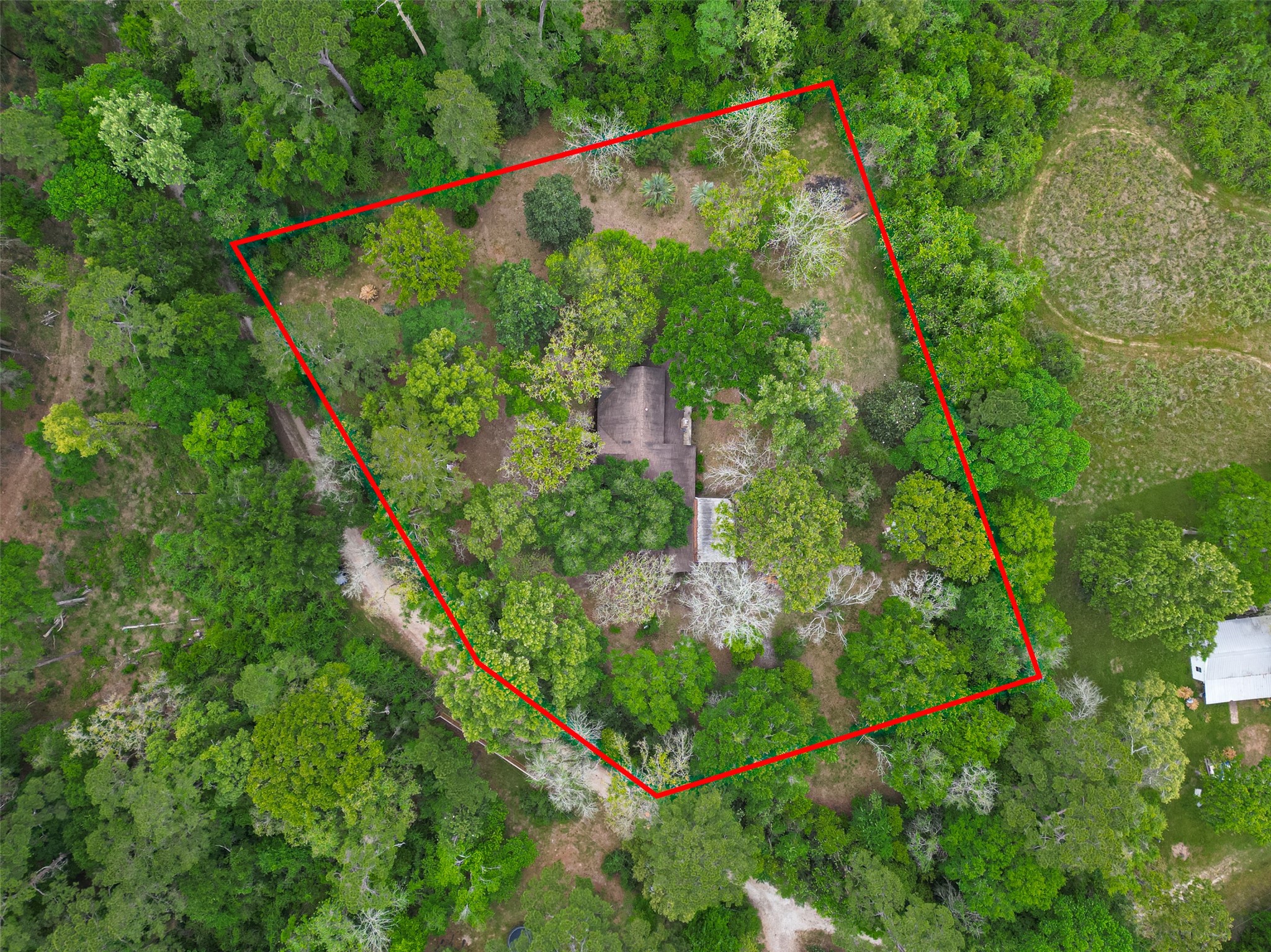 23607 Cardinal Drive Hockley, TX 77447 - Photo 49 of 50 The top-down perspective reveals the home’s central placement on its sprawling lot, demonstrating the perfect balance of lawn and forest.