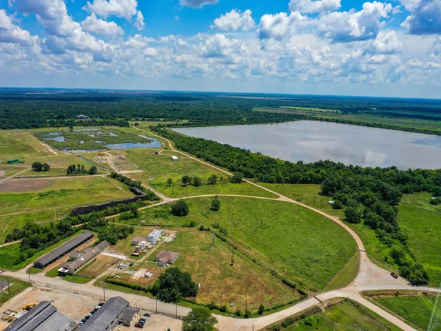 a view of a swimming pool with a yard and large trees