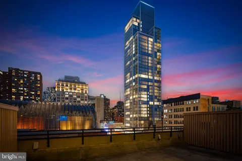 a city view with tall buildings