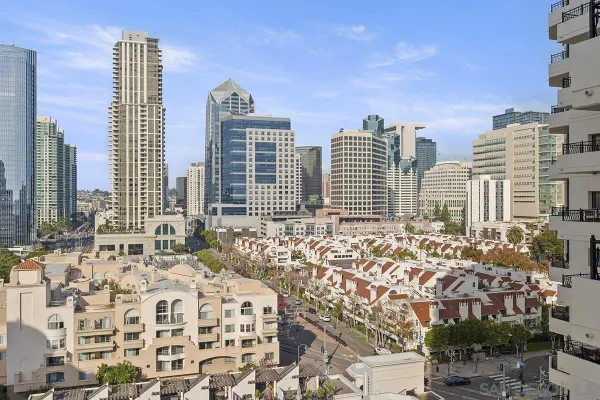 a city view with tall buildings