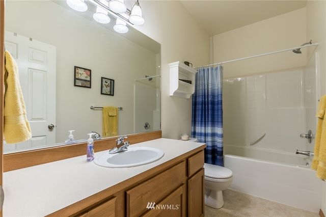 a bathroom with a sink a toilet a mirror a vanity and shower