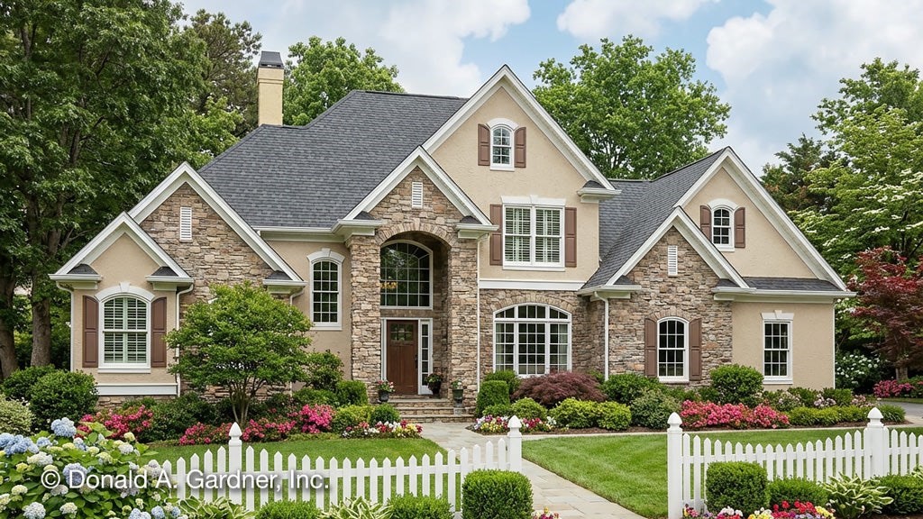 a front view of a house with a yard and garden