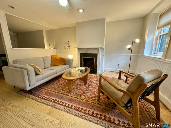 a living room with furniture and a fireplace