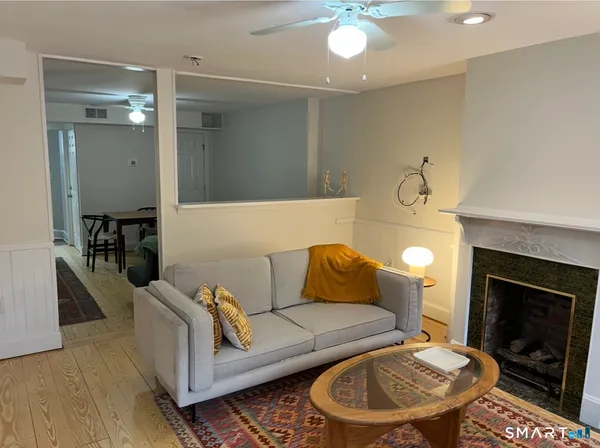a living room with furniture and a fireplace