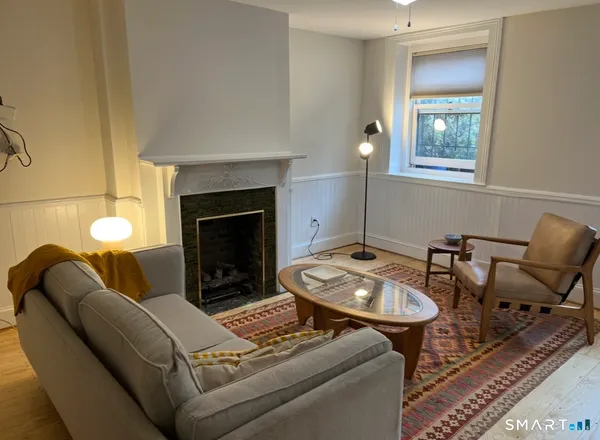 a living room with furniture a fireplace and a floor to ceiling window