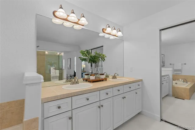 a bathroom with a double vanity sink and a mirror
