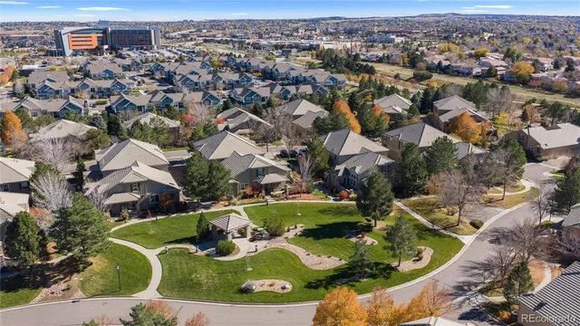 an aerial view of a swimming pool