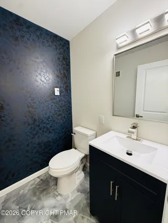 a bathroom with a sink a toilet a mirror and vanity