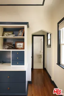 a view of workspace with wooden floor