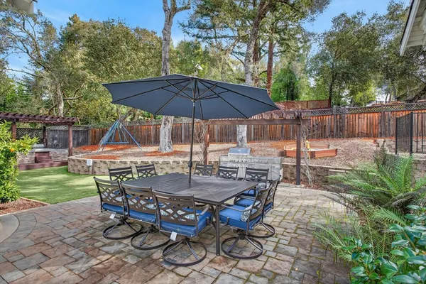 a view of a backyard with swimming pool