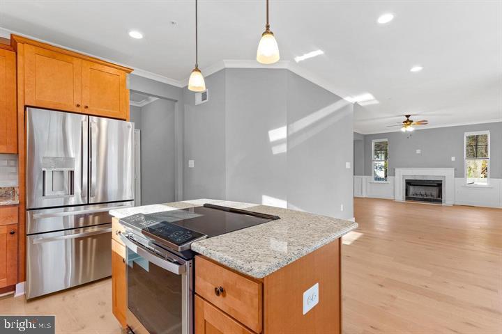890 Alameda Drive Huntingtown, MD 20639 - Photo 16 of 51 a kitchen with stainless steel appliances granite countertop a refrigerator a oven and a fireplace with wooden floor