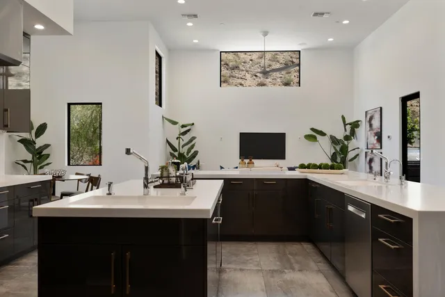 a living room with furniture and a potted plant