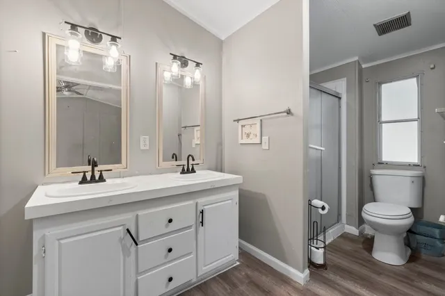 a bathroom with a double vanity sink toilet and a mirror