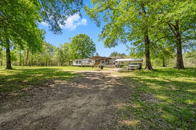 a view of a green field with trees