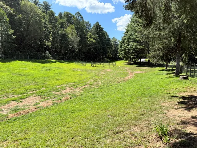 a view of yard with swimming pool and trees